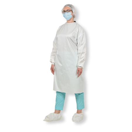 Халат одноразовий поліпропіленовий (РР+міcroPE) з трикотажним манжетом, на зав’язках, з поясом, для захисту від пилу, бруду, бризок
